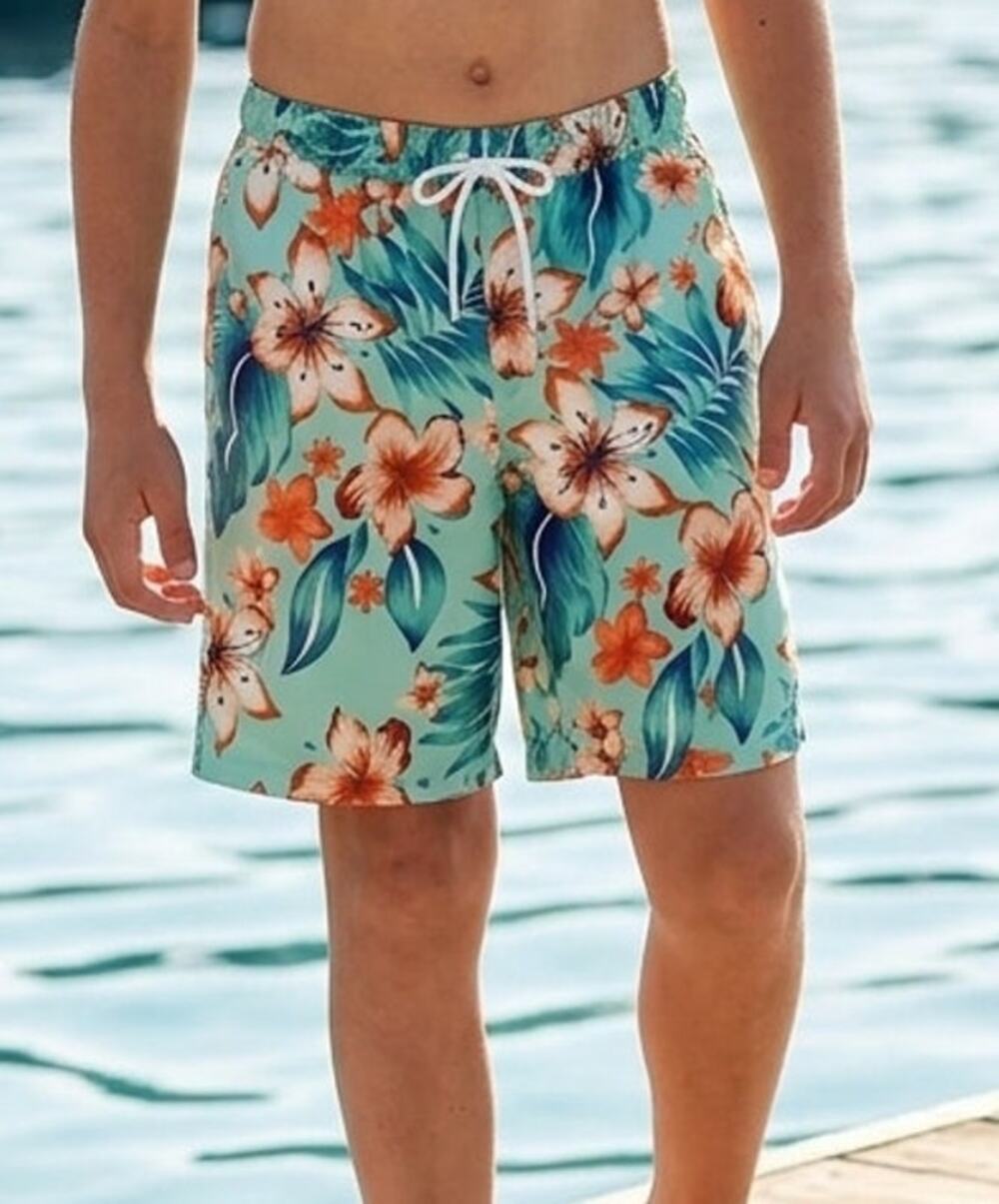 Lands' End Big Boys 18-20 Hawaiian Board Shorts Drawstring Green Floral